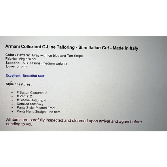 Armani Collezioni G-Line 42R 38x28 Slim Italian Cut Gray Blue Tan Stripe Suit - Picture 2 of 16